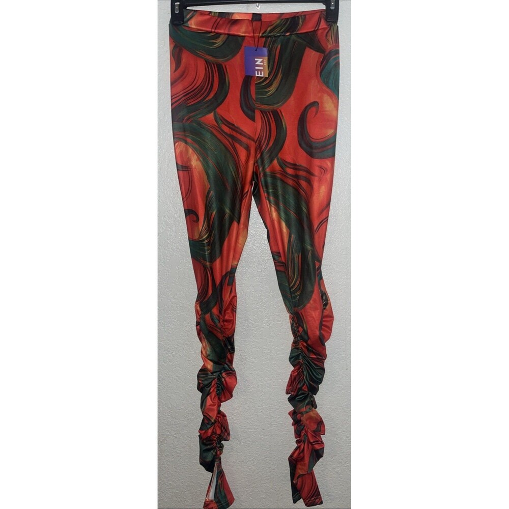 SHEIN SXY Women's Sz Med. Split Hem Ruched Ruffled Graphic Print Leggings NWT